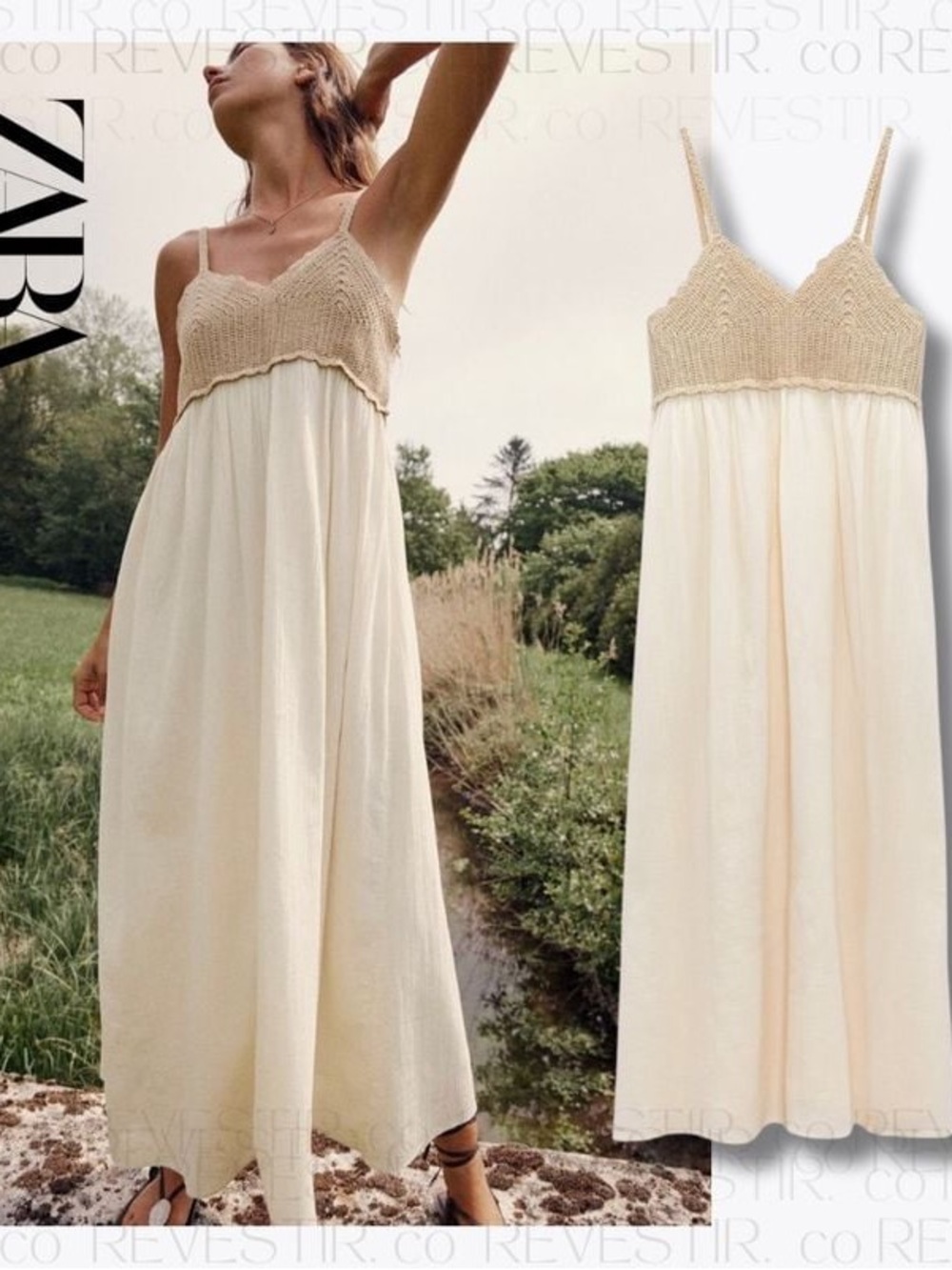 Zara Cream and Beige Crochet-Top Maxi Dress